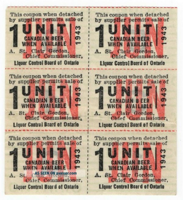 6 BEER RATION STAMPS JUNE 1943 Liquor Control Board Of Ontario VINTAGE ...