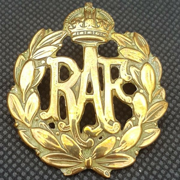 ANTIQUE ROYAL AIR FORCE RAF MILITARY BRASS CAP BADGE KINGS CROWN ...