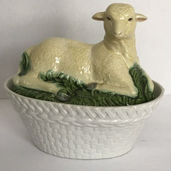 Vintage Olfaire Rare White Lamb On Basket Covered Dish Tureen Portugal ...